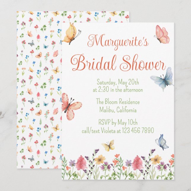 Invitation Fête des mariées Fleurs sauvages et papillons pers (Devant / Derrière)