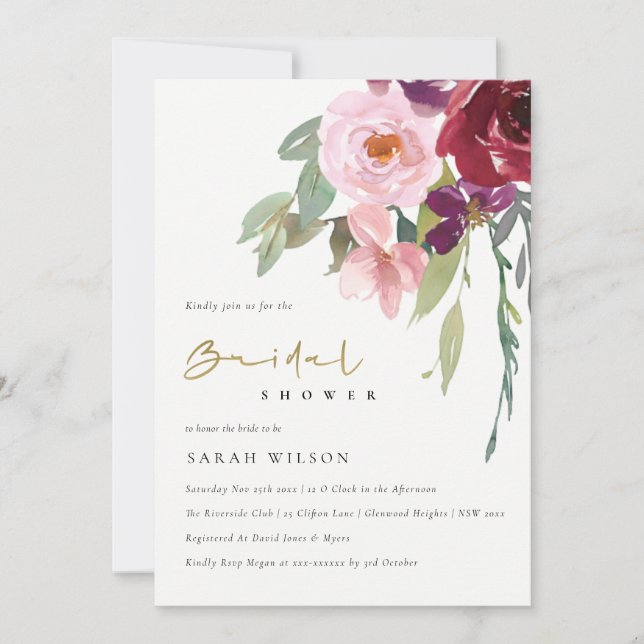 INVITATION FÊTE DES MARIÉES FLORAL BURGUNDY PEACH (Devant)