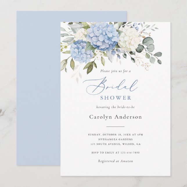 Invitation Fête des mariées Floral Elegant Bleu Blanc Hydrang (Devant / Derrière)