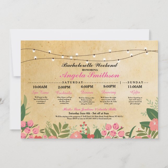 Invitation Fête des mariées Floral Itinéraire Bachelorette In (Devant)