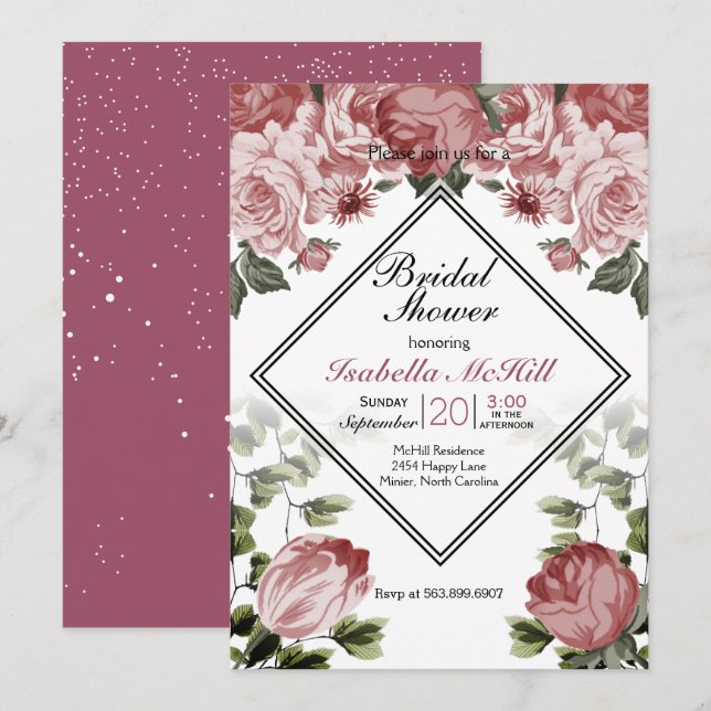 Invitation Fête des mariées - Floral rose foncé (Devant / Derrière)