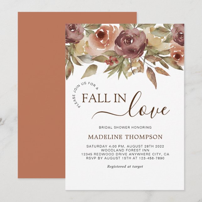 Invitation Fête des mariées Floral Terracotta Fall in Love (Devant / Derrière)