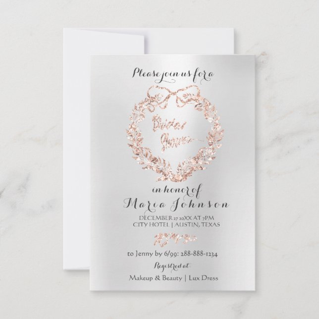 Invitation Fête des mariées Floral Wreath Argent Rose Rose Or (Devant)