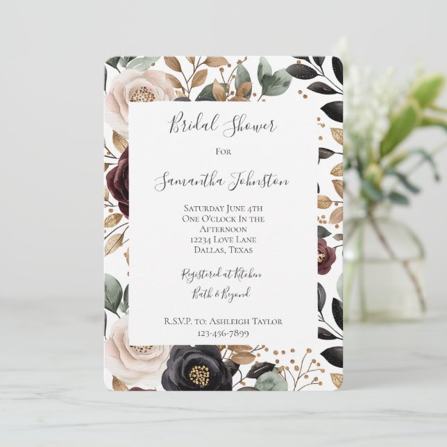 Invitation Fête des mariées florale à la crème de Bourgogne c (Debout devant)