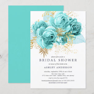 Invitation Fête des mariées Florale Aqua & Gold