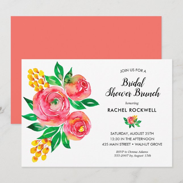 Invitation Fête des mariées florale aquarelle (Devant / Derrière)