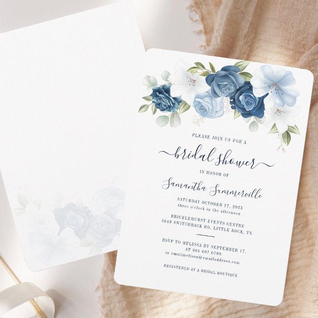 Invitation Fête des mariées florale aquarelle (Dusty Blue Floral Elegant RC Bridal Shower Invitation)