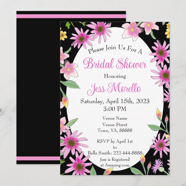 Invitation Fête des mariées florale audacieuse Aquarelle rose (Devant / Derrière)