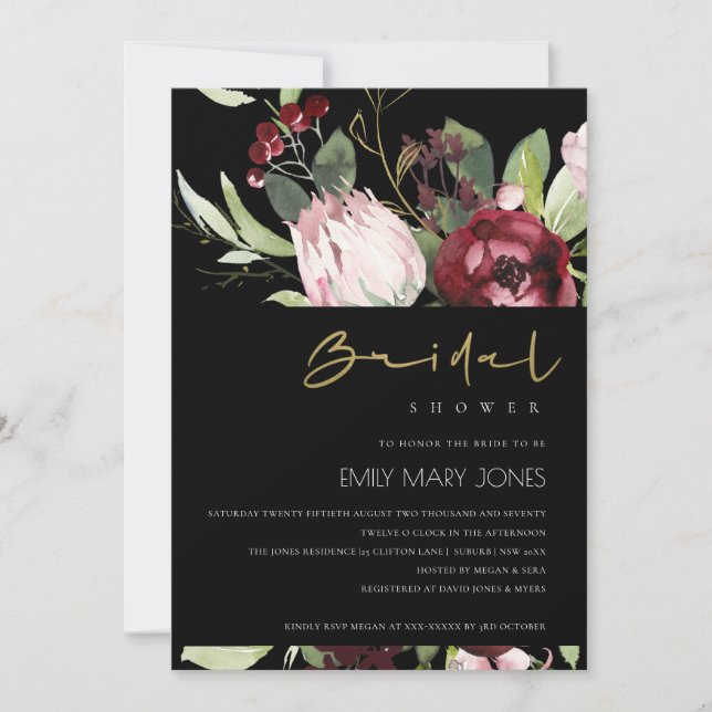 INVITATION FÊTE DES MARIÉES FLORALE BLACK BLEU BURGUNDY PROTE (Devant)
