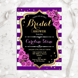 Invitation Fête des mariées Florale Black Gold Purple Stripes