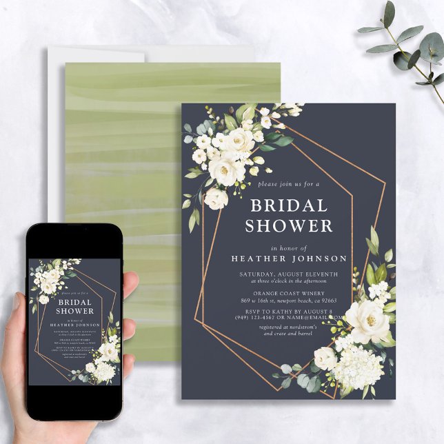 Invitation Fête des mariées florale blanche blanche et géomét (Créateur téléchargé)