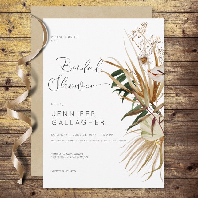 Invitation Fête des mariées florale blanche moderne séchée (Modern White Boho Dried Floral Bridal Shower Invitation)