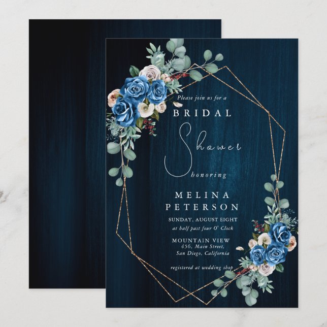 Invitation Fête des mariées florale bleu bleu bleu rose (Devant / Derrière)