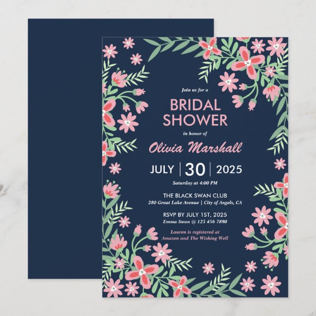 Invitation Fête des mariées florale bleu bleu rose marine (Devant / Derrière)