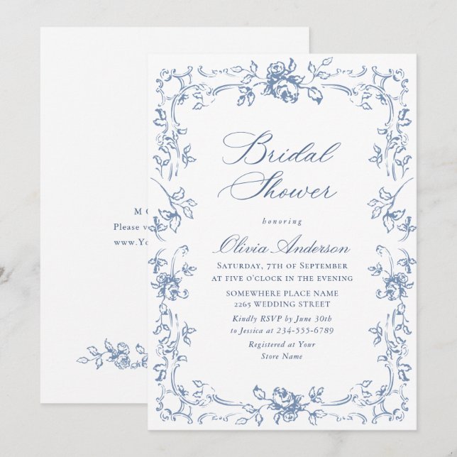 Invitation Fête des mariées Florale Bleu Dusty (Devant / Derrière)