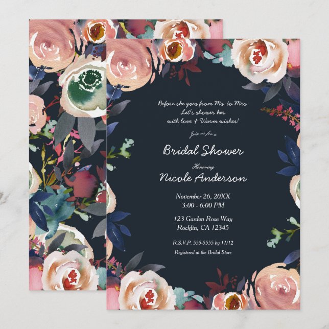 Invitation Fête des mariées florale bleu foncé et rose (Devant / Derrière)