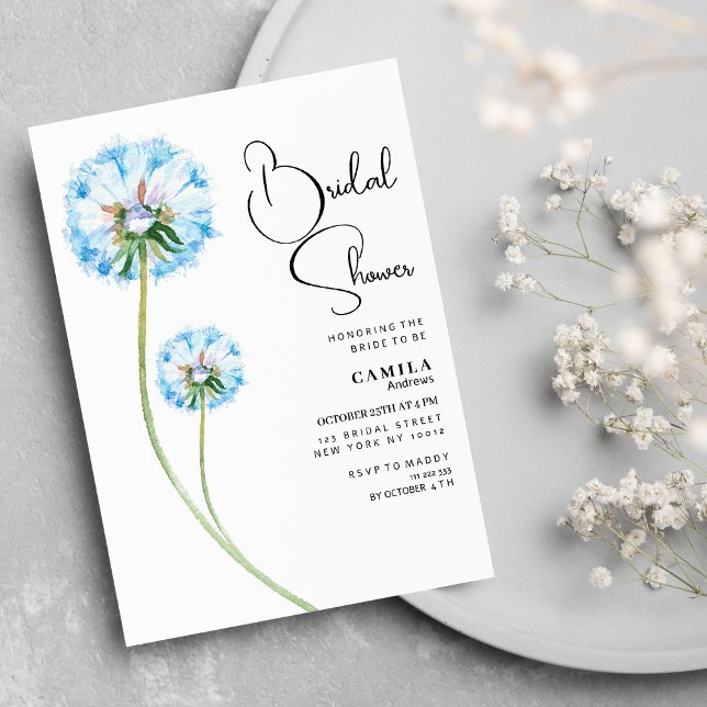 Invitation Fête des mariées florale bleu lilas vert dandelion (Blue lilac green dandelion floral Bridal Shower)