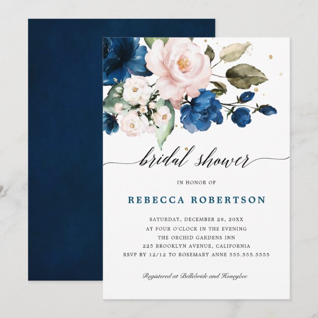 Invitation Fête des mariées florale bleu marine (Devant / Derrière)