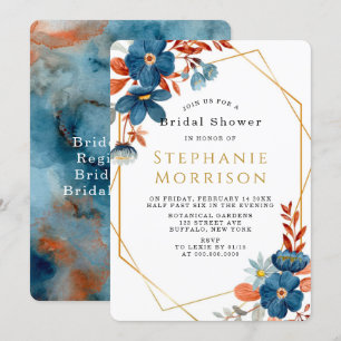 Invitation Fête des mariées florale bleu marine en terre cuit