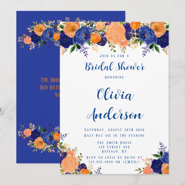 Invitation Fête des mariées Florale bleu marine et orange (Devant / Derrière)