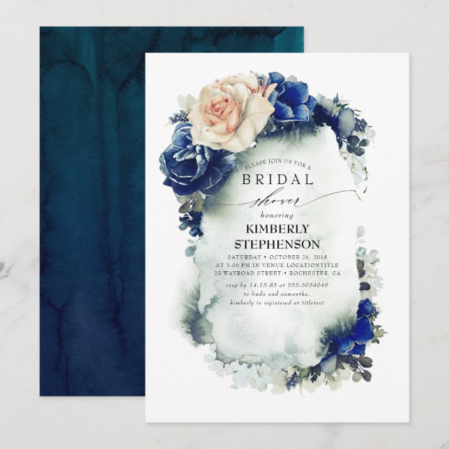 Invitation Fête des mariées florale bleu marine et orange de  (Devant / Derrière)