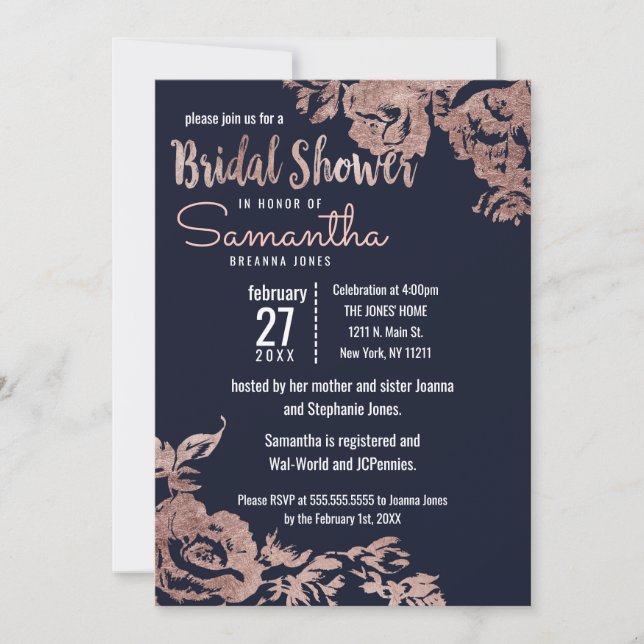 Invitation Fête des mariées florale bleu marine et Rose or (Devant)