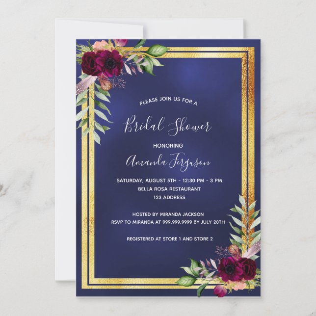 Invitation Fête des mariées florale bleu marine or bordeaux (Devant)