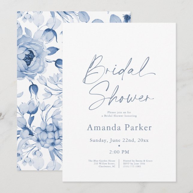 Invitation Fête des mariées florale bleu poussiéreux (Devant / Derrière)