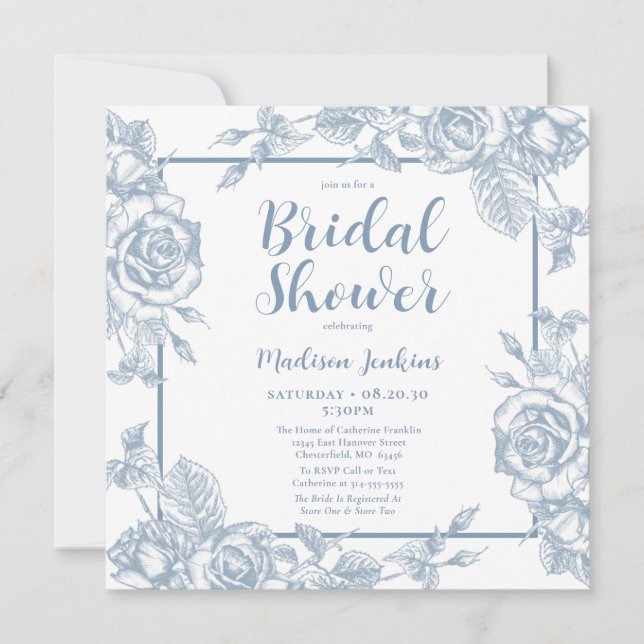 Invitation Fête des mariées florale bleu poussiéreux (Devant)