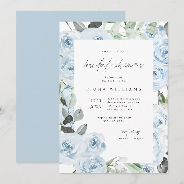 Invitation Fête des mariées florale bleu poussiéreux  (Devant / Derrière)