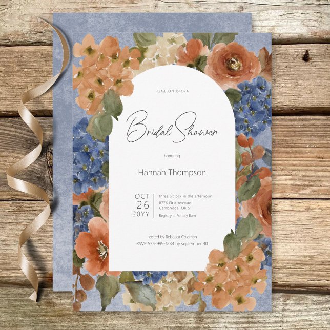 Invitation Fête des mariées florale bleu rustique et rouille (Rustic Blue & Rust Floral Bridal Shower Invitation)