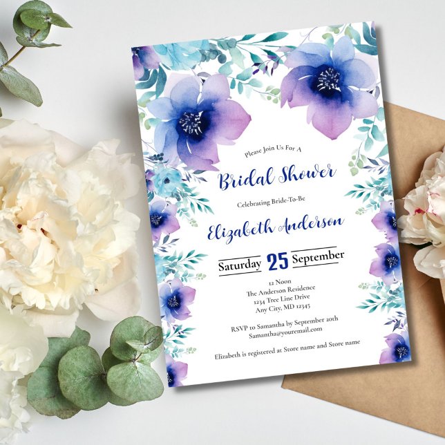 Invitation Fête des mariées Florale bleu violet (Blue Purple Watercolor Floral Bridal Shower invitation)