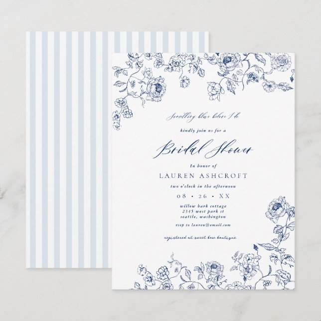 Invitation Fête des mariées Florale Bleue Française invitatio (Devant / Derrière)