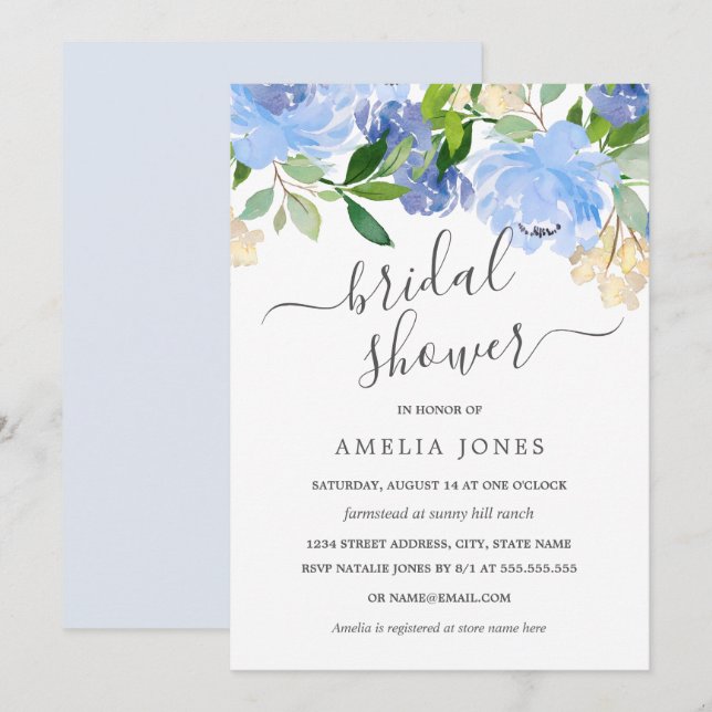 Invitation Fête des mariées florale Blue Navy (Devant / Derrière)