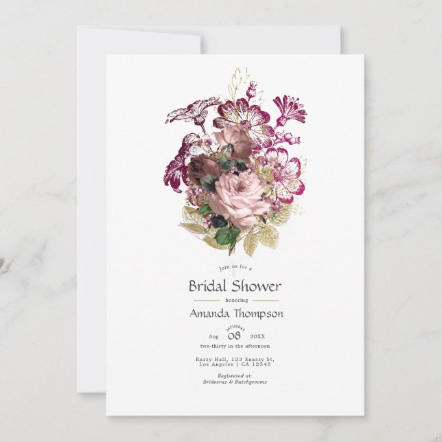 Invitation Fête des mariées florale Blush Burgundy Gold Shabb (Devant)