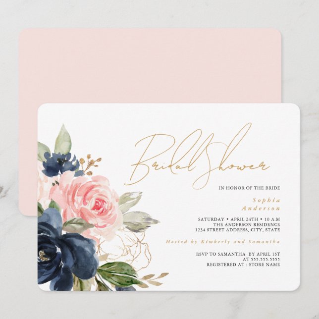 Invitation Fête des mariées florale Blush Gold Navy (Devant / Derrière)