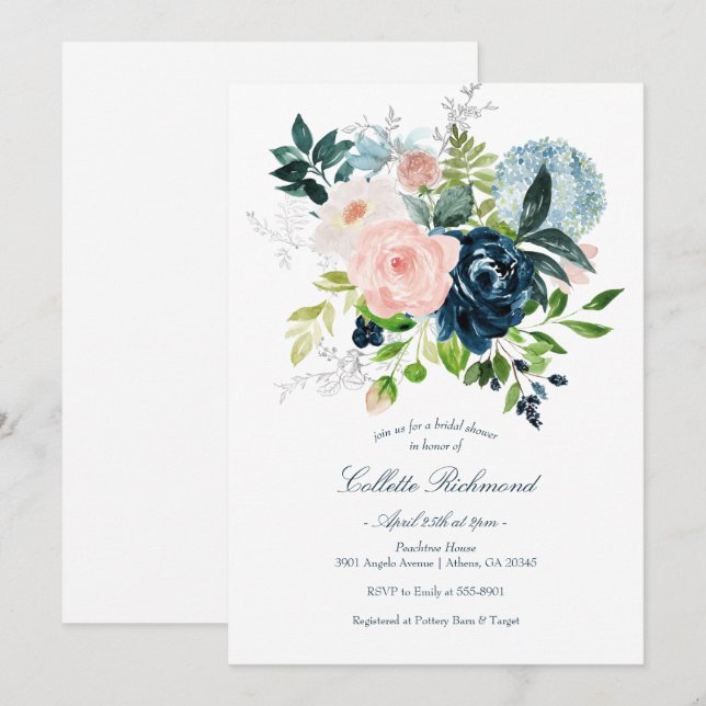 Invitation Fête des mariées florale Blush Navy (Devant / Derrière)