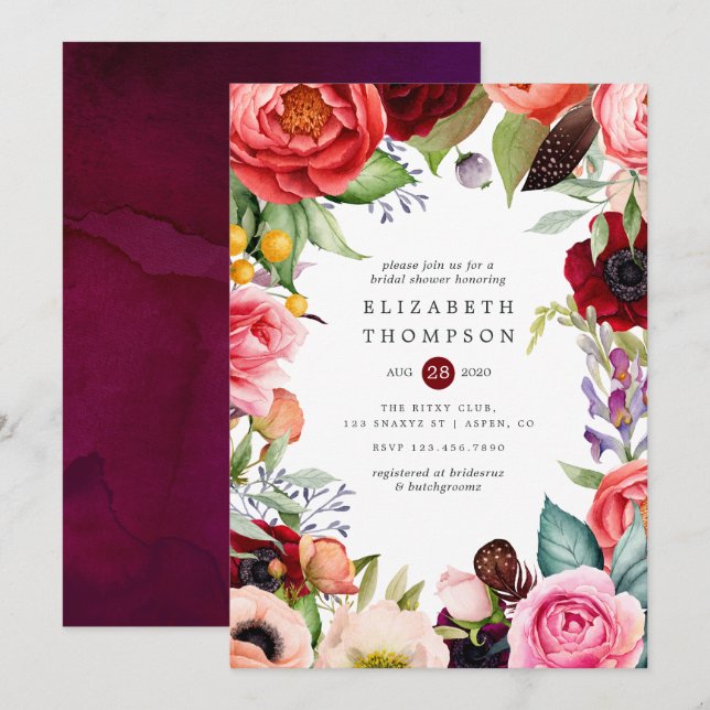 Invitation Fête des mariées florale Boho aquarelle (Devant / Derrière)