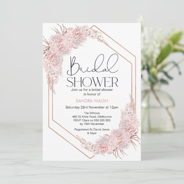 Invitation Fête des mariées florale Boho Rose géométrique (Debout devant)