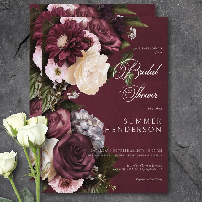 Invitation Fête des mariées florale bordeaux et crème foncée (Dark Elegant Burgundy & Cream Floral Bridal Shower Invitation)