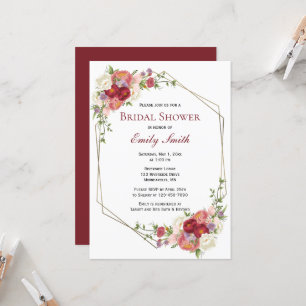 Invitation Fête des mariées florale Bourgogne Blush Gold Fram