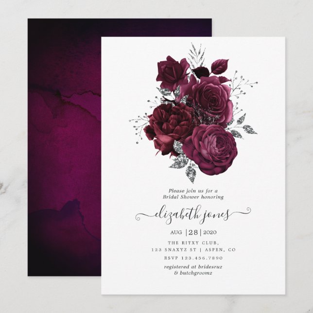 Invitation Fête des mariées florale bourguignonne et argentée (Devant / Derrière)
