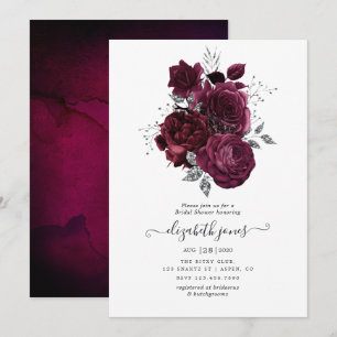 Invitation Fête des mariées florale bourguignonne et argentée