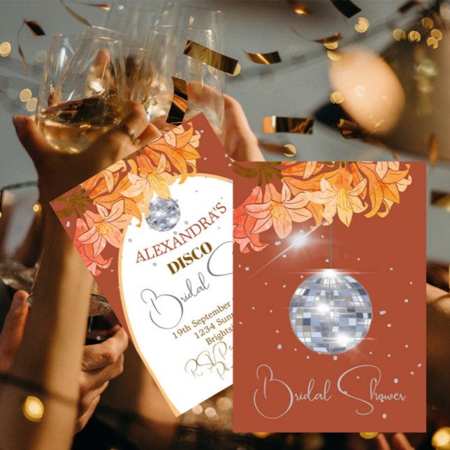 Invitation Fête des mariées Florale Bural Orange Silver Disco (Créateur téléchargé)
