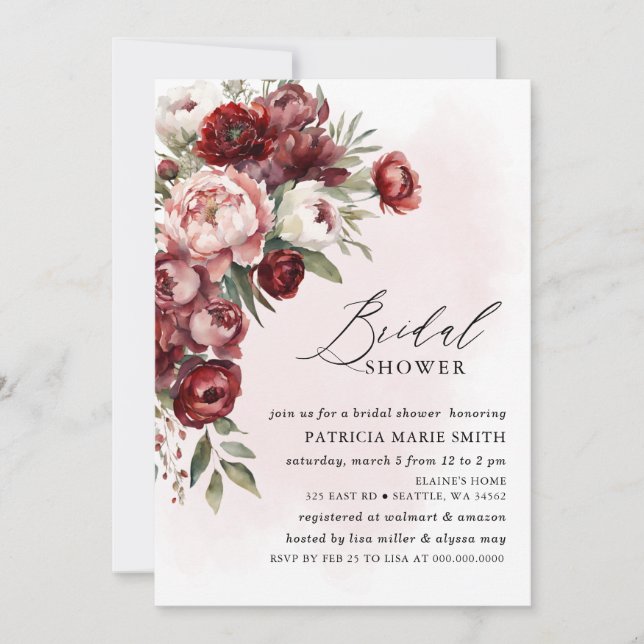 Invitation Fête des mariées florale Burgundy rose moderne (Devant)