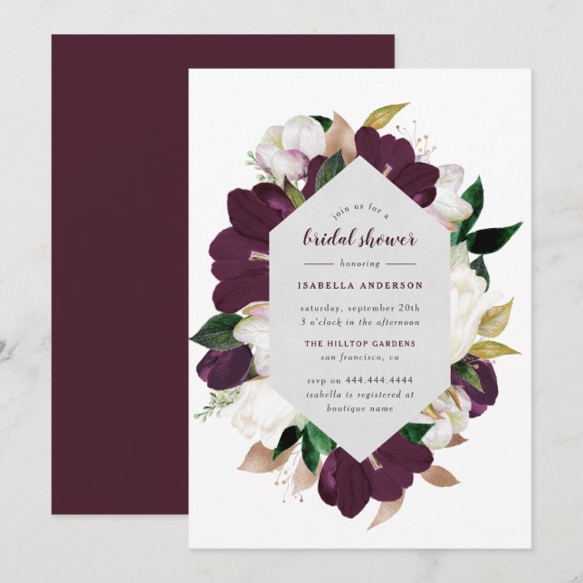 Invitation Fête des mariées florale classique or et prune pou (Devant / Derrière)