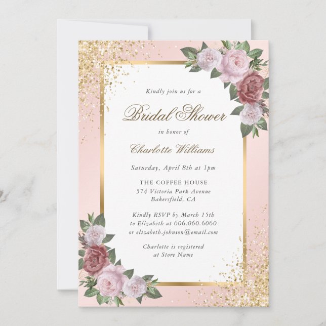 Invitation Fête des mariées florale Confetti en or rose (Devant)