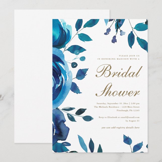 Invitation Fête des mariées florale d'aquarelle bleue (Devant / Derrière)