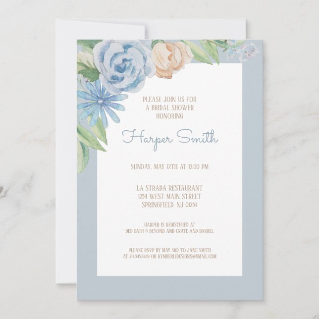 Invitation Fête des mariées florale d'aquarelle bleue (Devant)