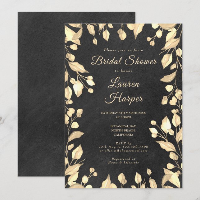 Invitation Fête des mariées florale de crème de tableau noir (Devant / Derrière)